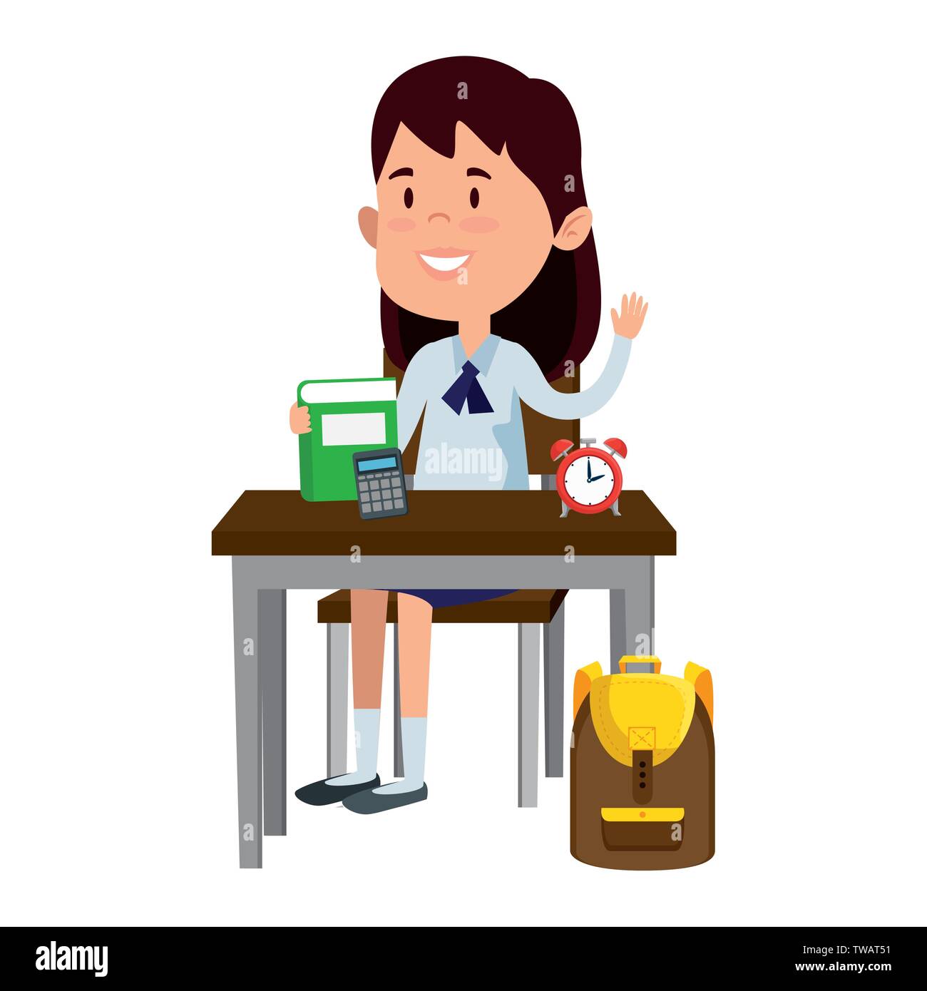 happy student girl with supplies seated in school desk Stock Vector ...