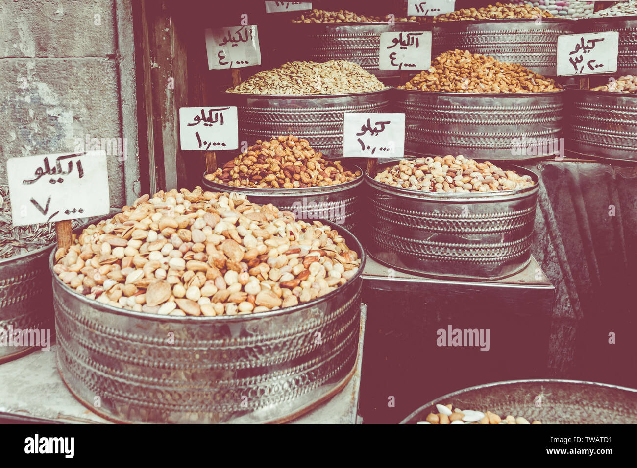 Spices on the market in Amman downtown, Jordan. Choice of Arabic spices