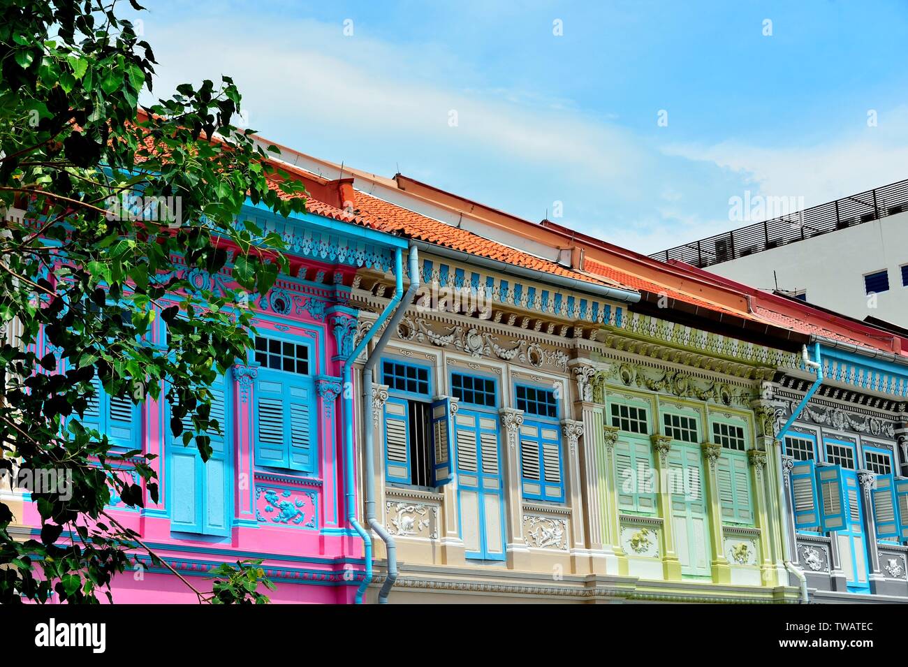 Front view of colourful traditional Singapore Peranakan or Straits Chinese shophouse in historic Joo Chiat East Coast Stock Photo