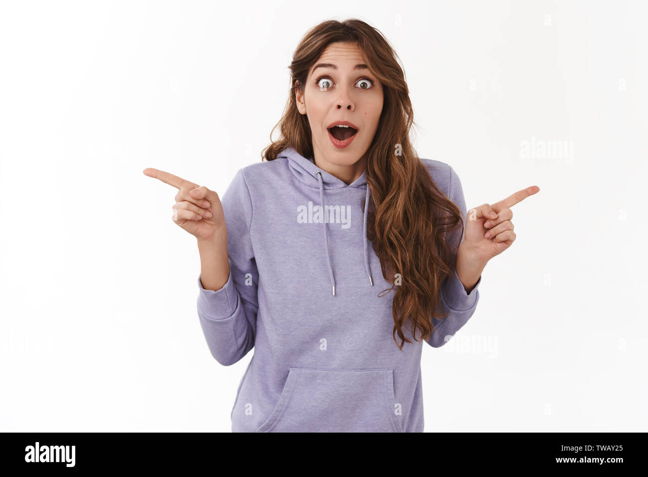 Excited good-looking european female student drop jaw open mouth wide ...