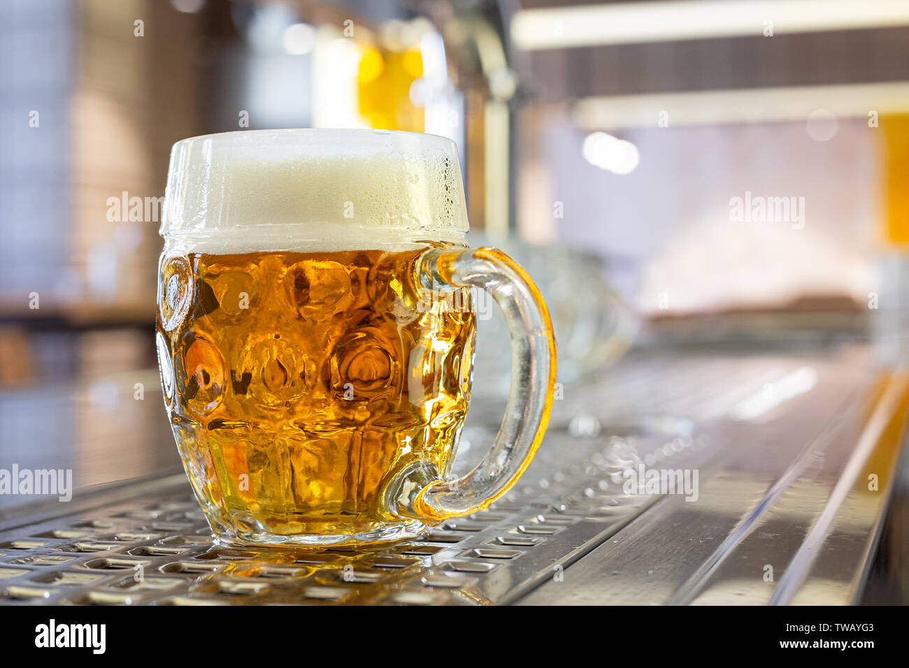 Freshly poured draft lager beer in a dimpled glass mug on stainless steel counter in a modern pub. Space for text. Stock Photo