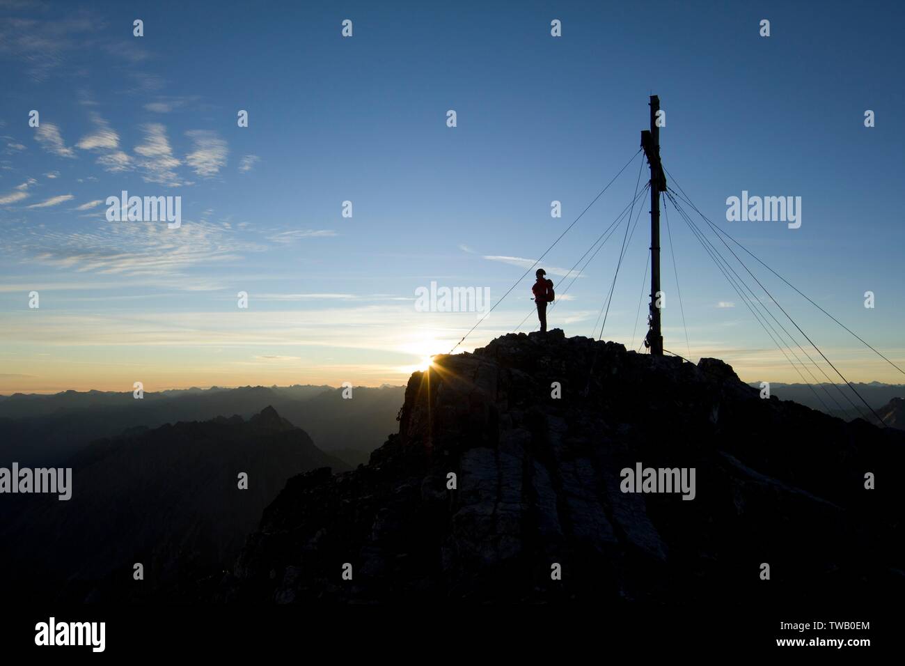 Austria, Vorarlberg, hiker on the Schesaplana (peak), Raetikon (mountain range). Stock Photo