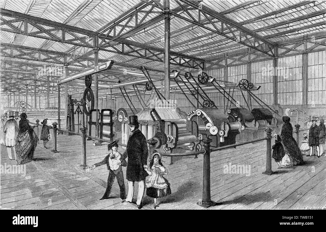 A perspective view, looking East, of Messrs. Hibbert and Platt's cotton machines amd Messrs. Hick and Son's high- pressure steam-engine and driving gear.     Date: 1851 Stock Photo