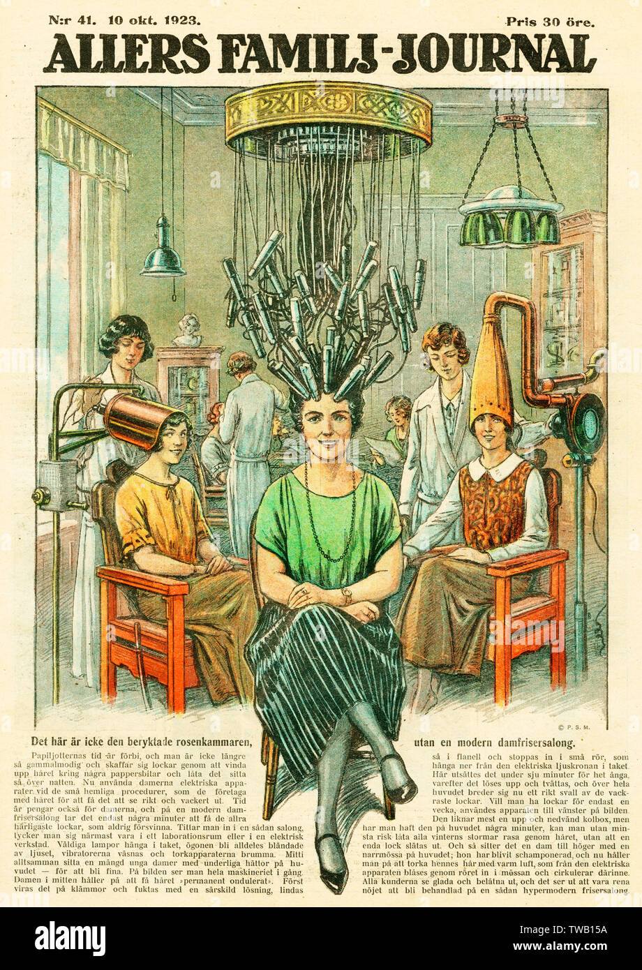 The up-to-date hairdresser employs high technology to groom her clients       Date: 1923 Stock Photo
