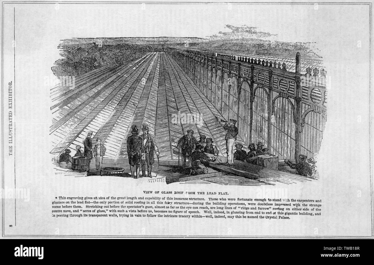 A view of the immense glass roof of the Crystal Palace viewed from the lead flat, 'the only portion of solid roofing in this fairy structure'     Date: 1851 Stock Photo