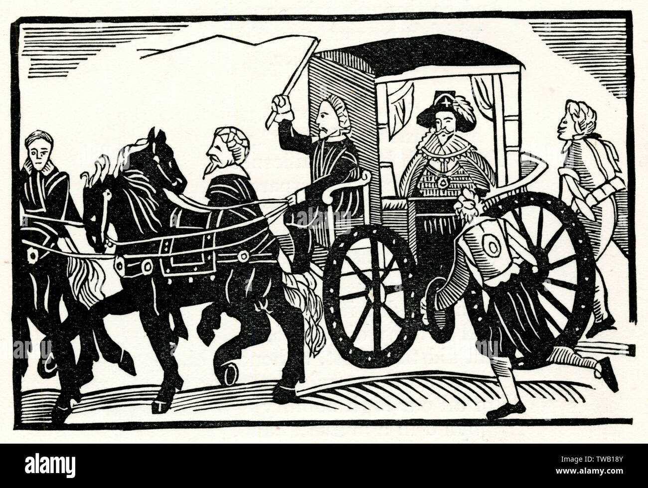 A nobleman rides in his carriage, accompanied by running footmen       Date: March 1635 Stock Photo