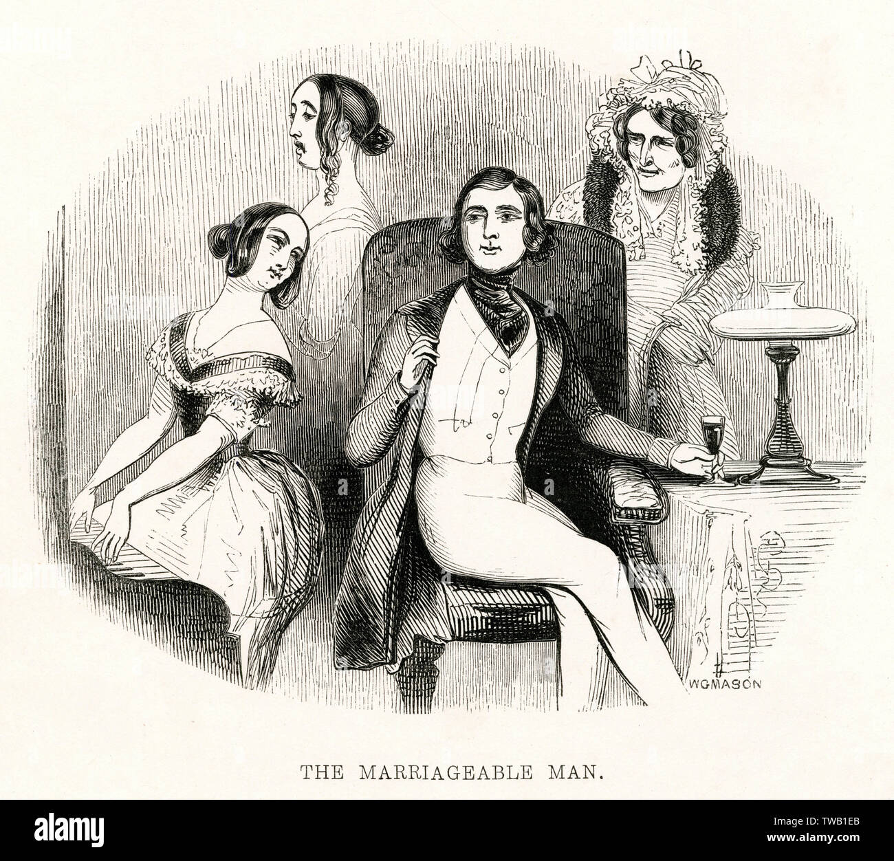 The Marriageable Man - one daughter sings, another sighs, while their mother hovers over her prey to make sure this eligible suitor is firmly hooked to one or the other     Date: 1842 Stock Photo
