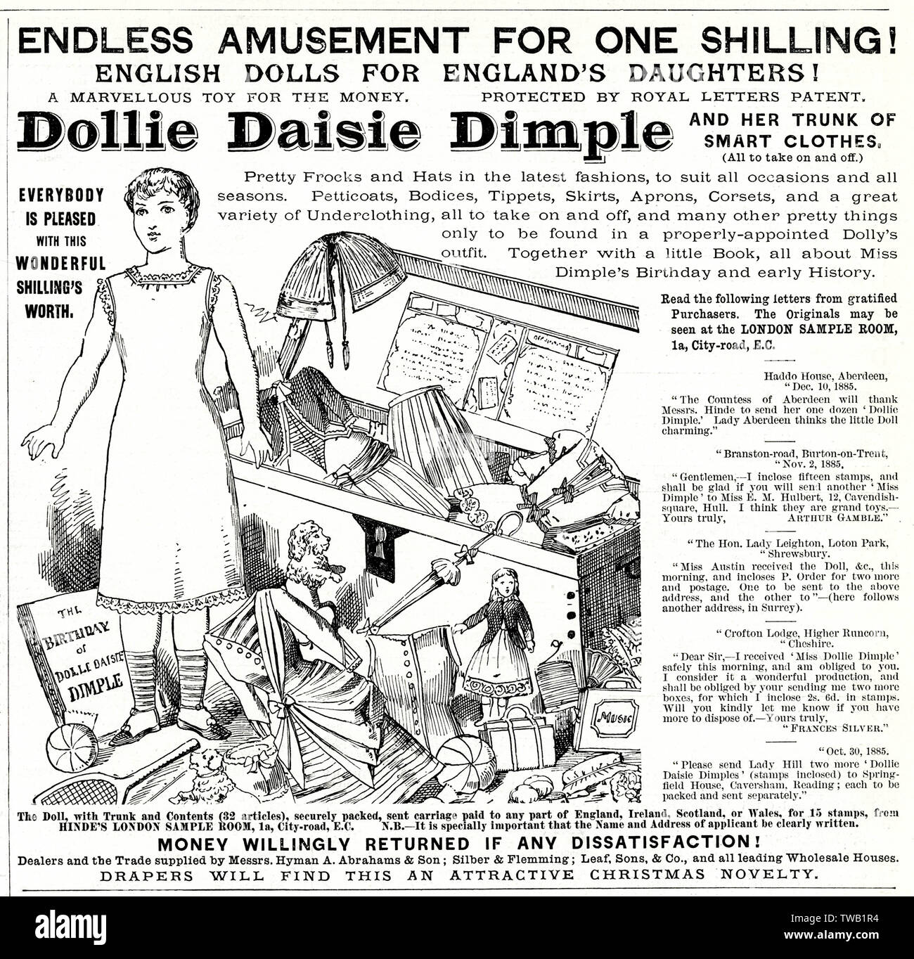 Dollie Daisie Dimple. &quot;Endless amusement for one shilling! English dolls for England's daughters!' Sold with a trunk and dollies accessories.     Date: 1886 Stock Photo