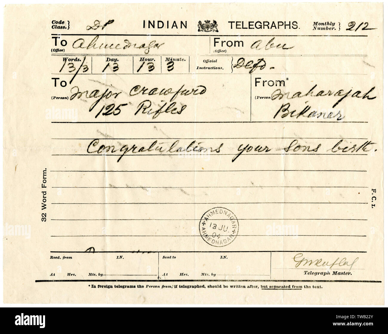 Telegraph from Maharaja Bikaner to Major Crawford Stock Photo