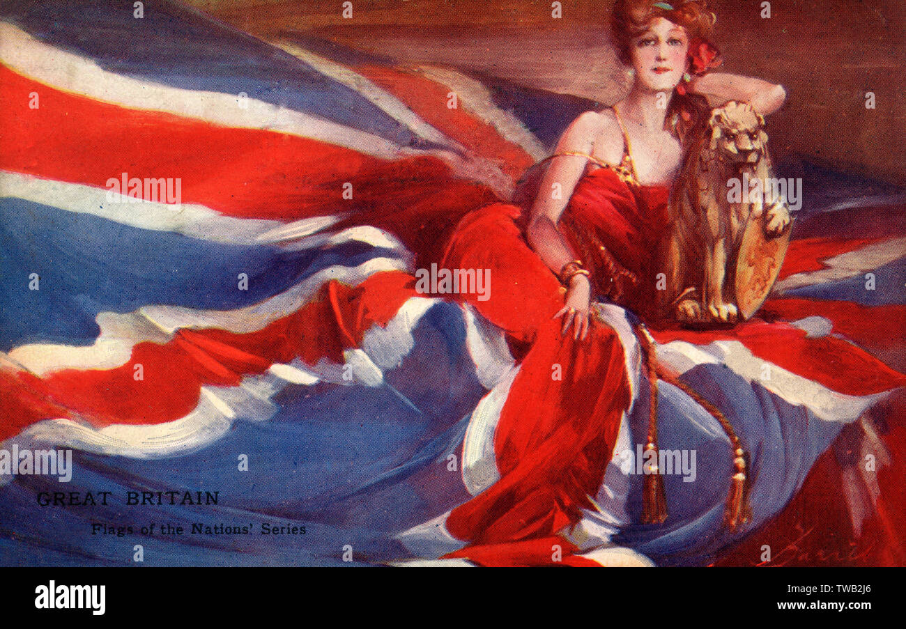 Great Britain - Union Flag with a 'modern' Britannia and more traditional Lion.     Date: 1906 Stock Photo