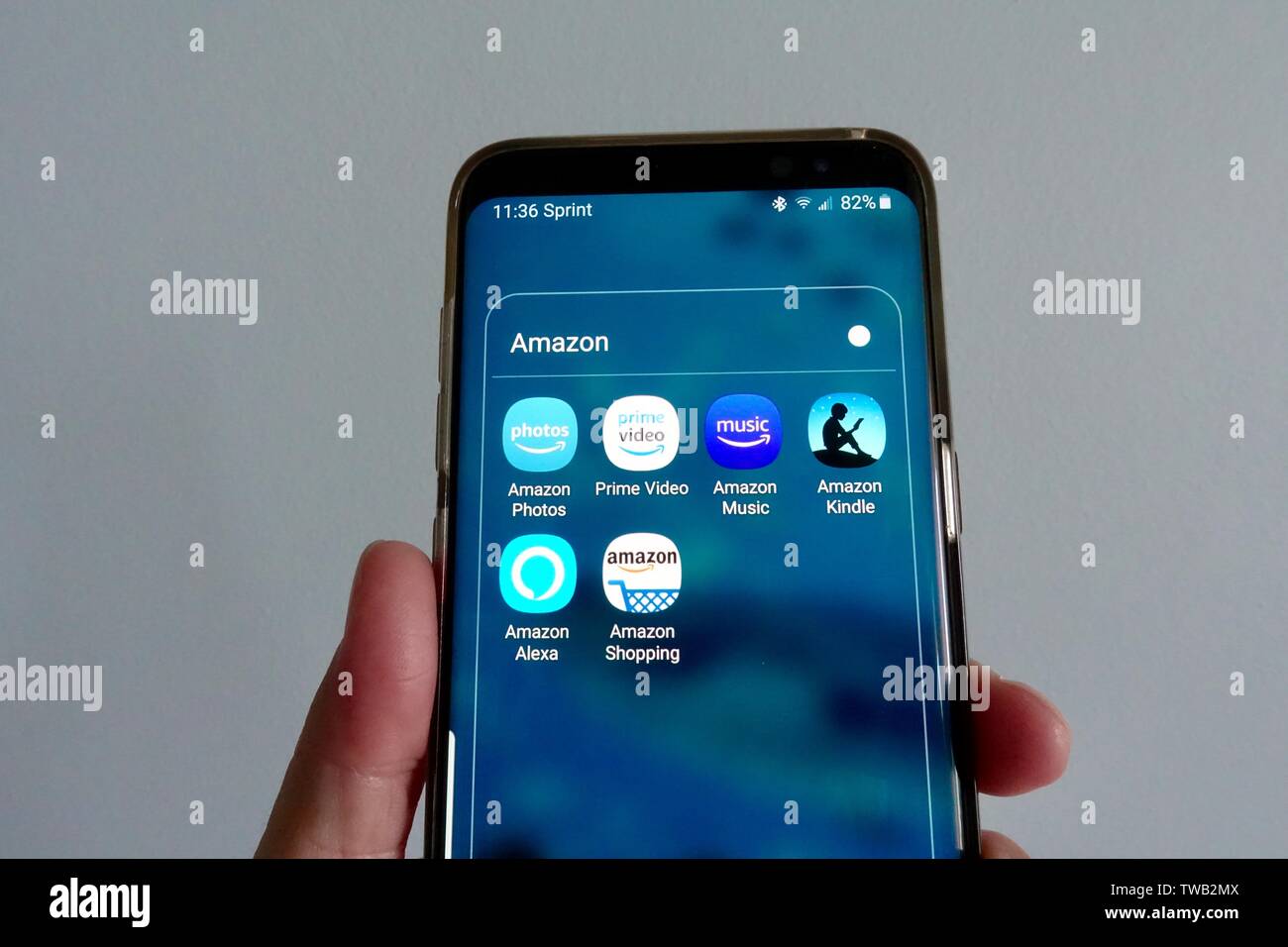 Orlando, FL/USA-6/13/19: A Samsung Galaxy Smartphone displaying the Amazon photos, prime video, music, kindle, alexa, and shopping apps. Stock Photo