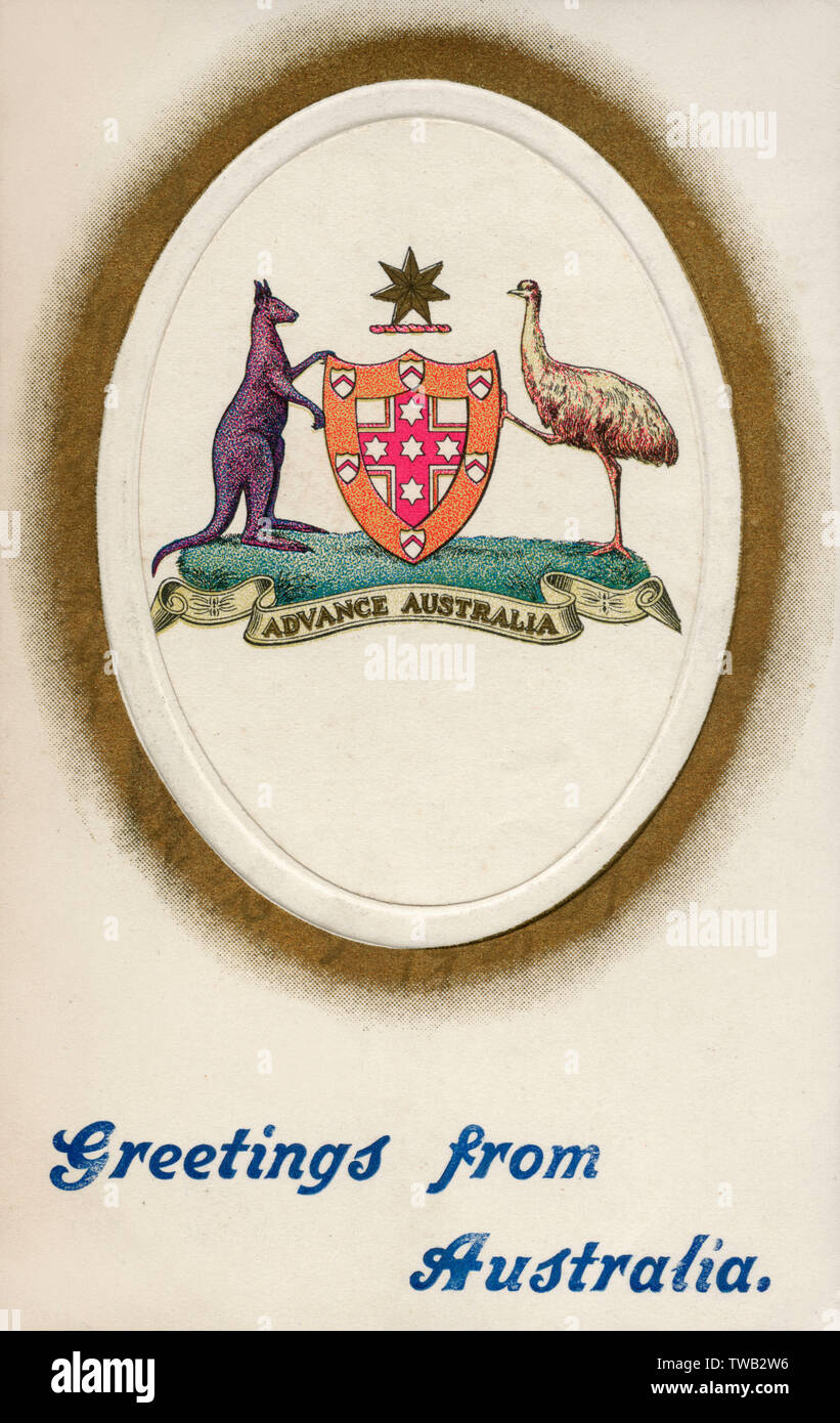 Greetings from Australia - Commonwealth Coat of Arms Stock Photo