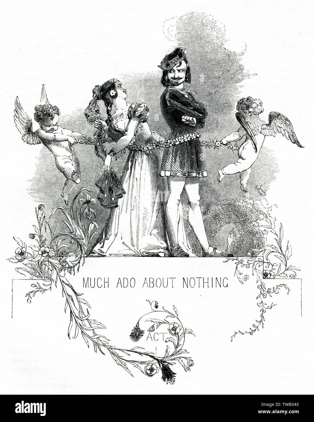 Illustration by Kenny Meadows to Much Ado About Nothing, by William Shakespeare. Introductory illustration, showing Beatrice and Benedick and two cupids with a garland of flowers.      Date: 1840 Stock Photo