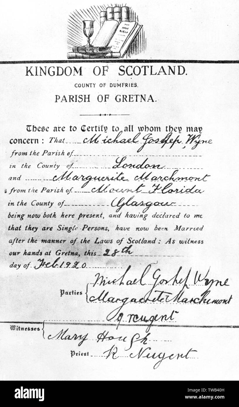 Marriage certificate issued at Gretna Green, Scotland, dated 28