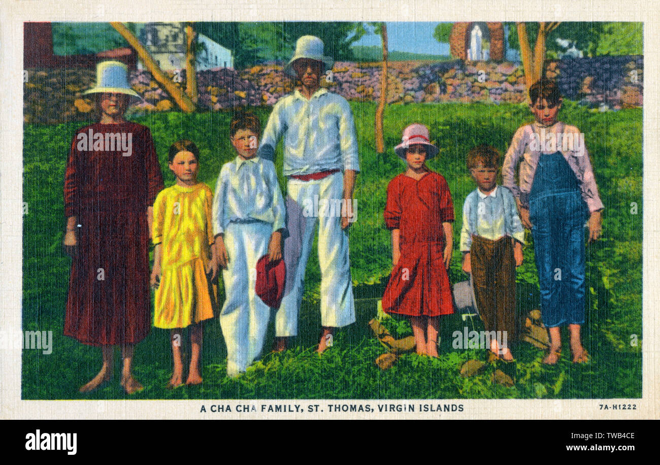 U.S. Virgin Islands - St. Thomas - A Cha Cha Family. A small population descended from 17th and 18th century French Huguenot immigrants who originally settled on St. Barts. The Virgin Islands has a number of ethnic groups making up its population. The Cha Chas the tiniest in number (no more than 3000 of the 100,000+ on all 3 islands and 99.9% of them live on St Thomas), they form a distinct ethnic unit apart from other islanders (probably the closest comparison group to them would be the Cajuns of Louisiana). This fact is even noted in the Encyclopedia Brittanica in its coverage of the Virgin Stock Photo
