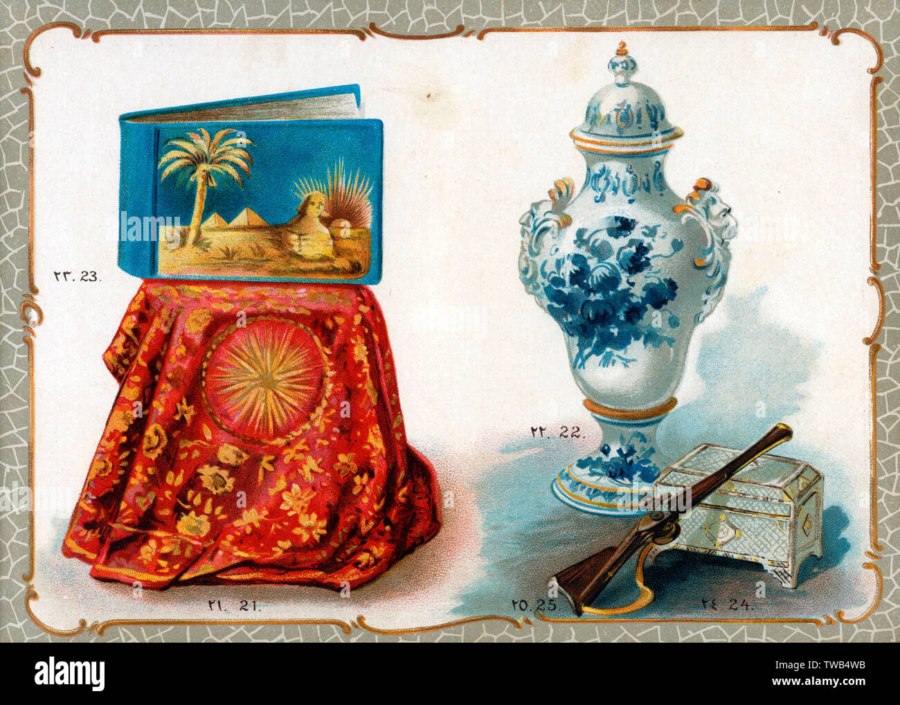 Catalogue illustration, embroidered cloth, vase, album, etc Stock Photo