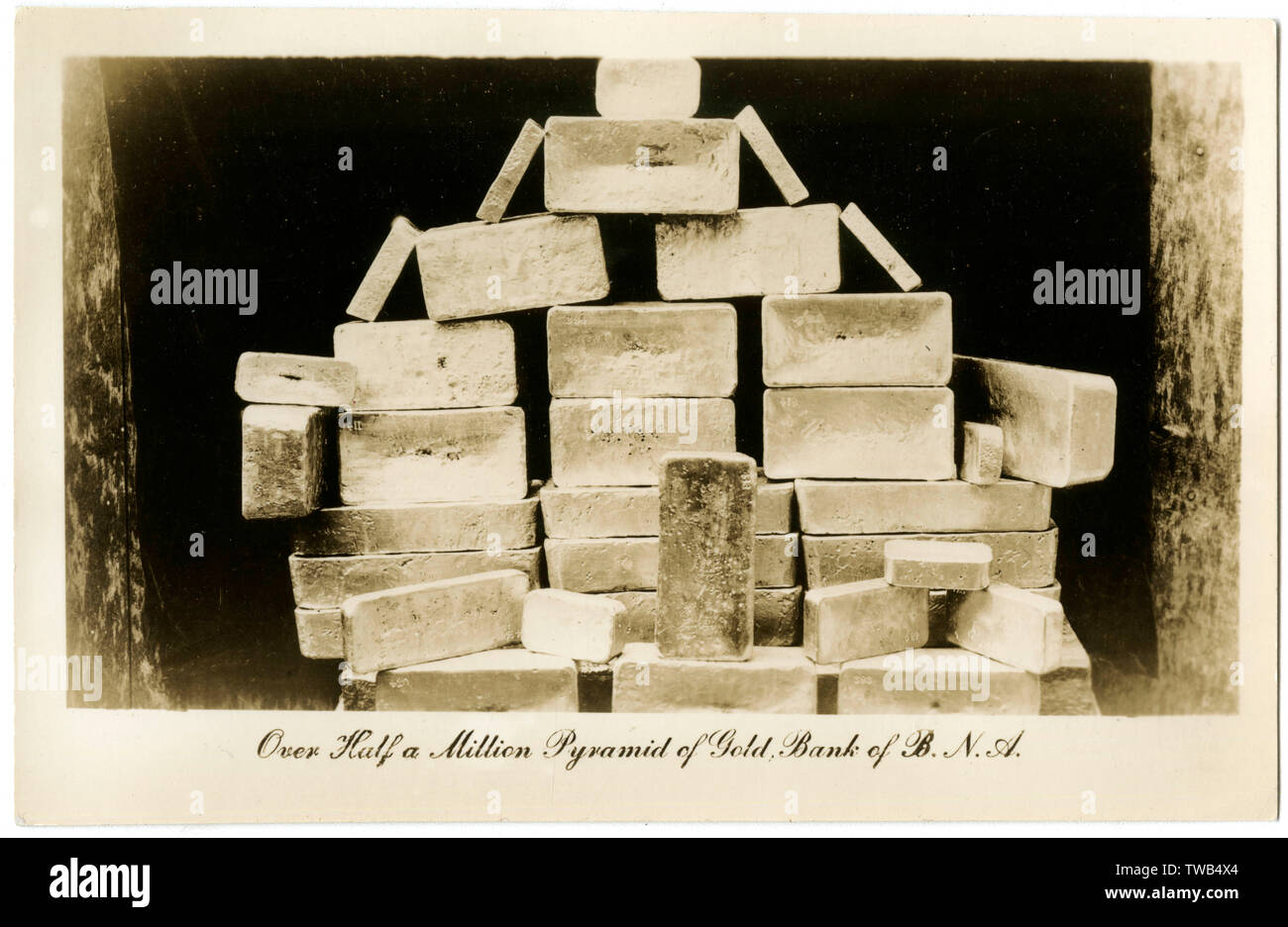 Gold bricks on display from the Klondike gold rush, Bank of British North America, Dawson City, Yukon, NW Canada.      Date: late 1890s Stock Photo