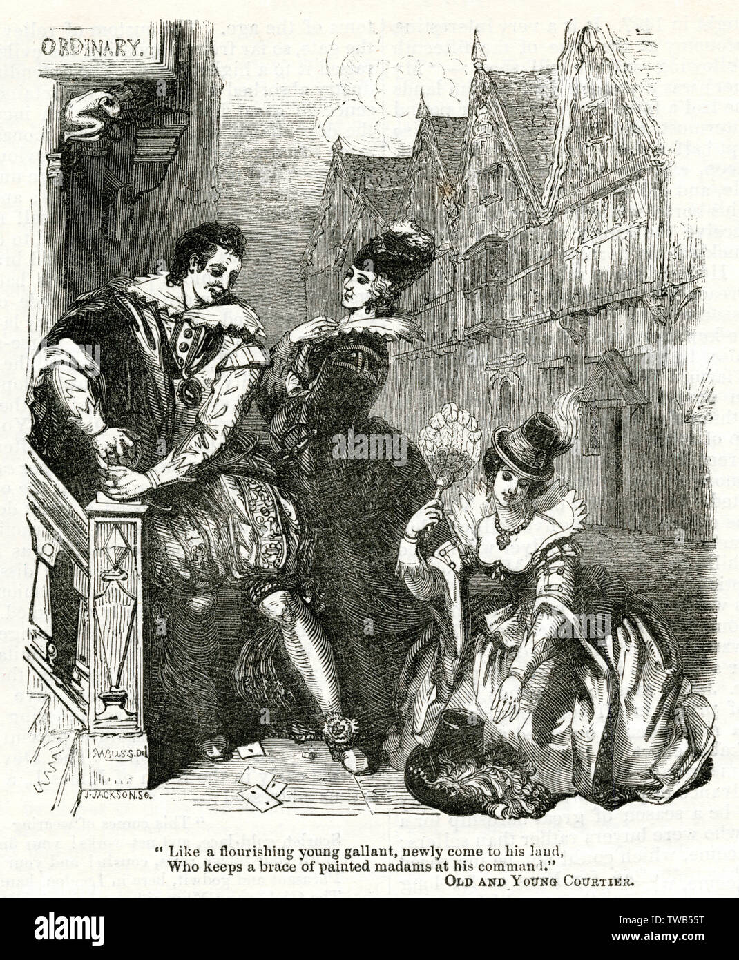 Elizabethan courtier and two elegant ladies Stock Photo