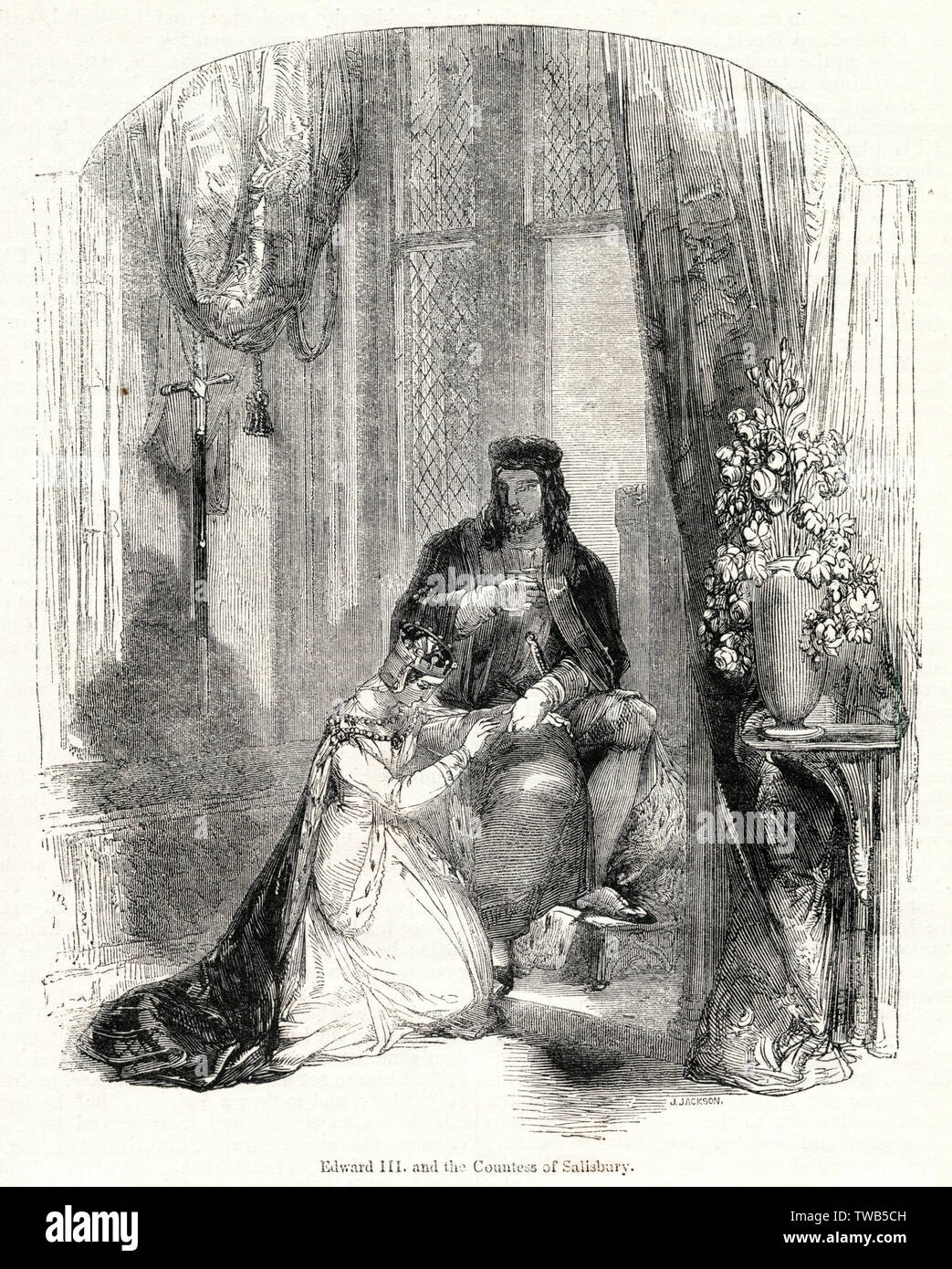 King Edward III and the Countess of Salisbury -- the origin of the Order of the Garter, as mentioned in Froissart's Chronicles.      Date: circa 1348 Stock Photo