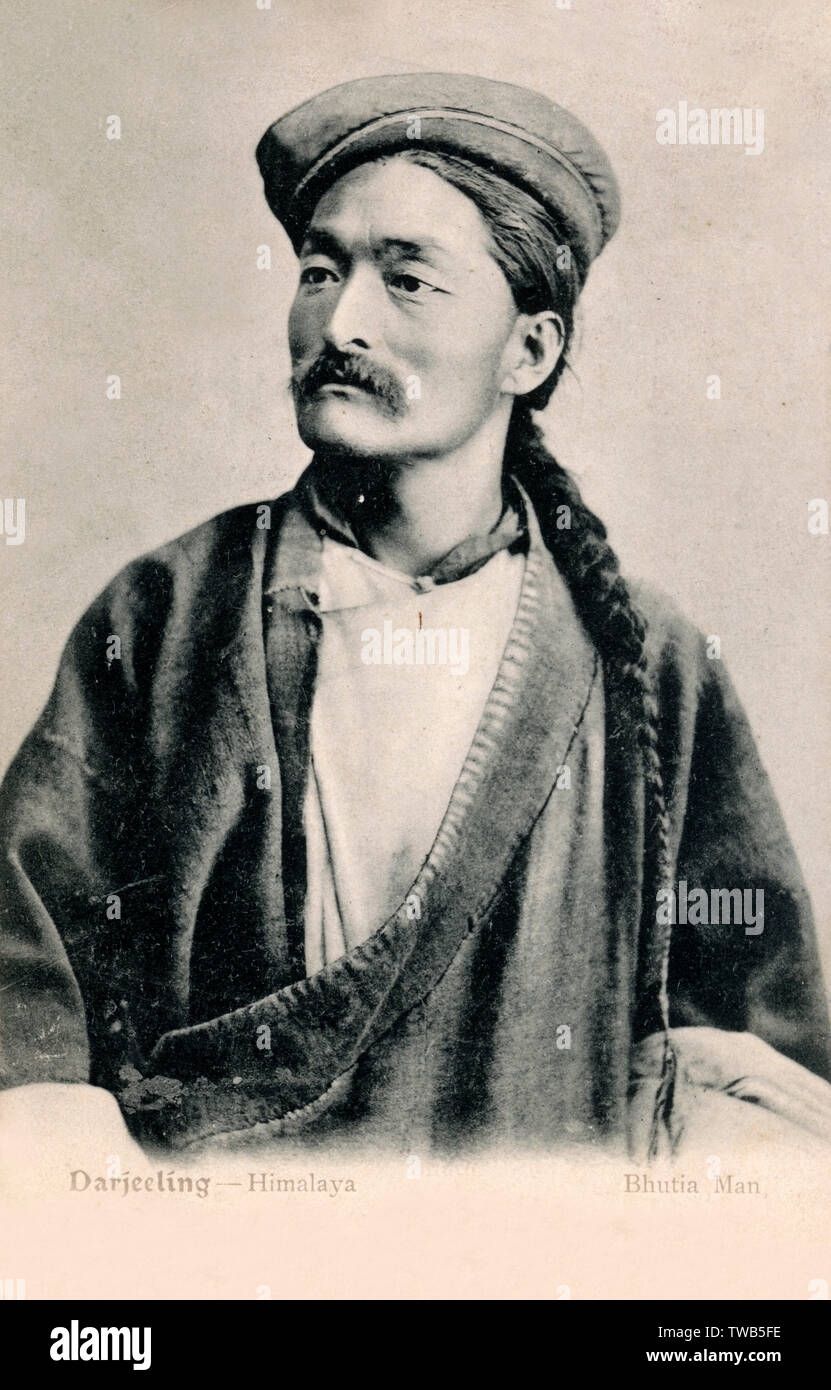Bhutia man with long pigtail - Darjeeling Stock Photo