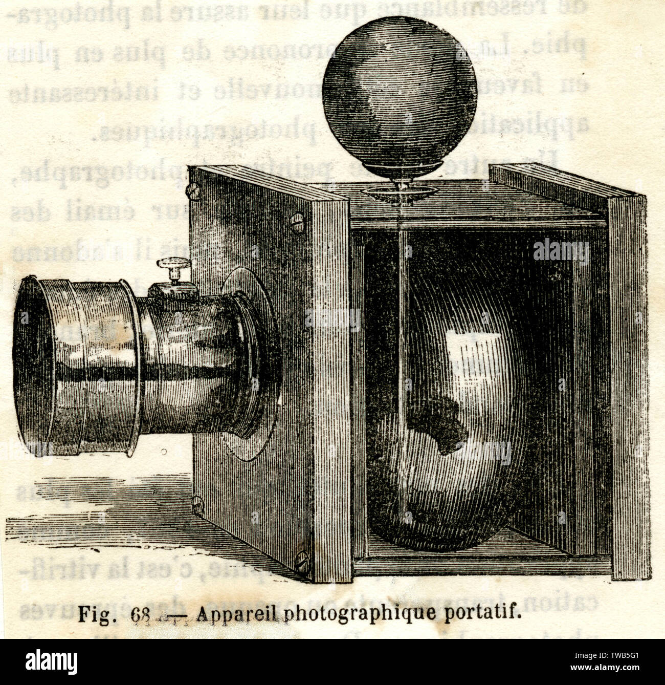 An example of a early portable camera.      Date: 19th century Stock Photo