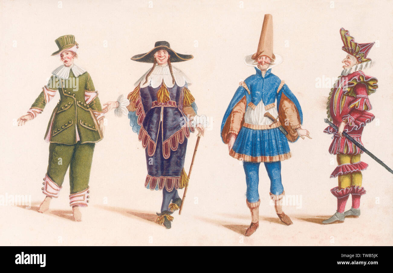Four Characters from Commedia dell'arte, an improvised kind of popular comedy in Italian theatres in the 16th18th centuries, based on stock characters. Actors adapted their comic dialogue and action according to a few basic plots (commonly love intrigues) and to topical issues.     Date: circa 18th century Stock Photo