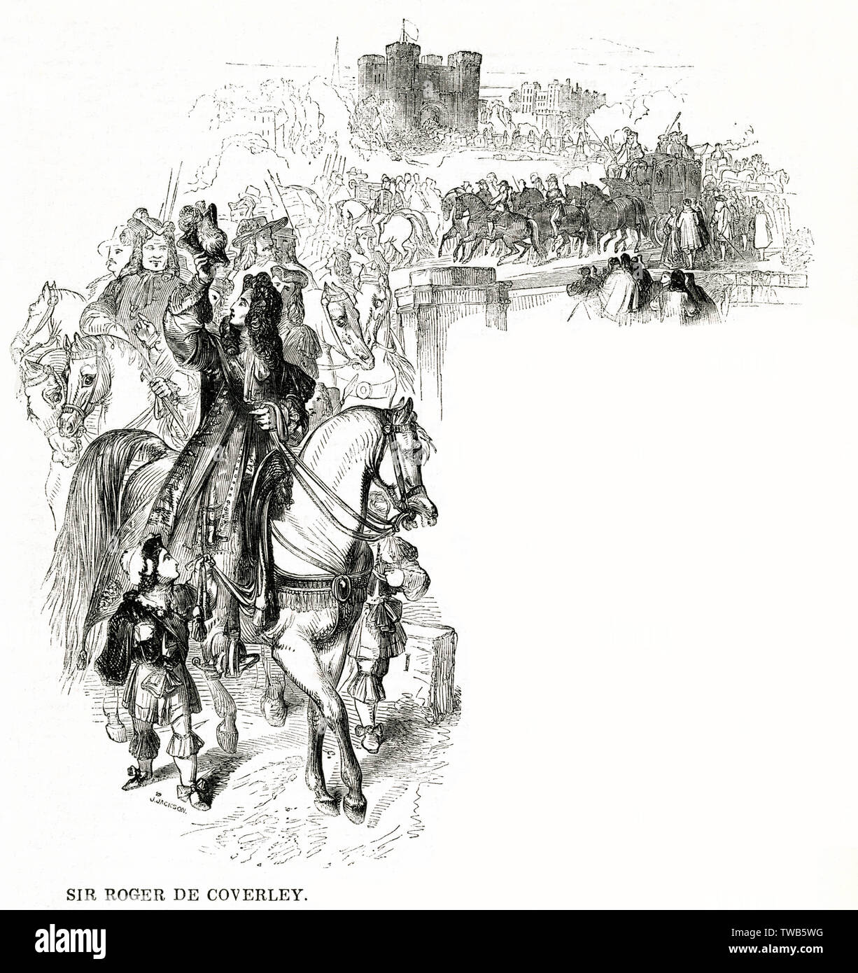 Sir Roger de Coverley, a fictitious country squire character created by Joseph Addison in The Spectator in the early 18th century, after whom a dance was named. Seen here on horseback at the head of a long procession, having been appointed sheriff for his district.     Date: 1843 Stock Photo