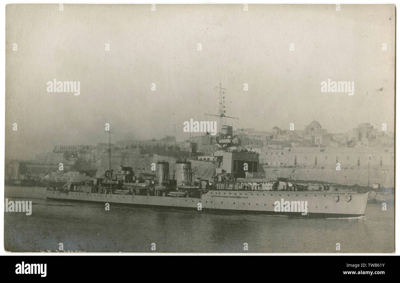 HMS Dragon, British light cruiser, at Malta Stock Photo