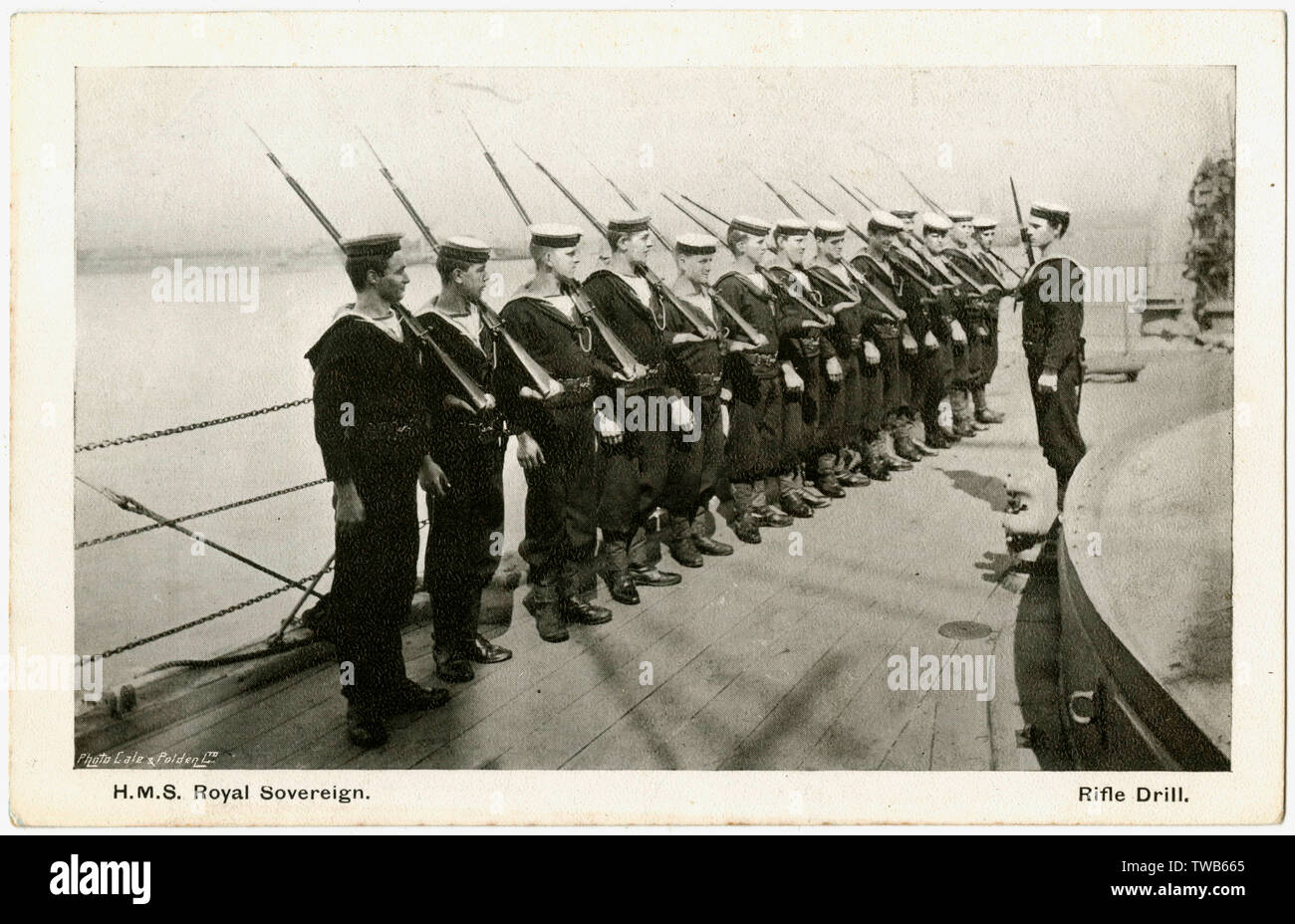 HMS Royal Sovereign, British battleship, with sailors Stock Photo
