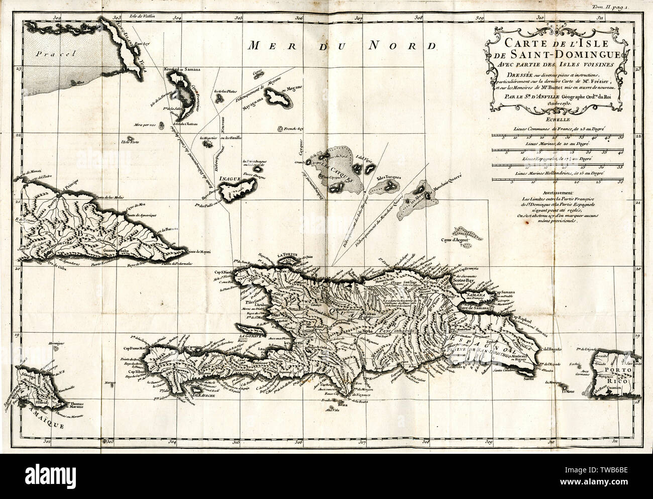 Map of Hispaniola (San Domingo, Haiti), West Indies. The island is now divided into two separate nations: Haiti to the west (French Creole-speaking), and the Dominican Republic to the east (Spanish-speaking). Other islands shown include Jamaica, Cuba, the Bahamas, Turks and Caicos, and Puerto Rico.      Date: 1731 Stock Photo