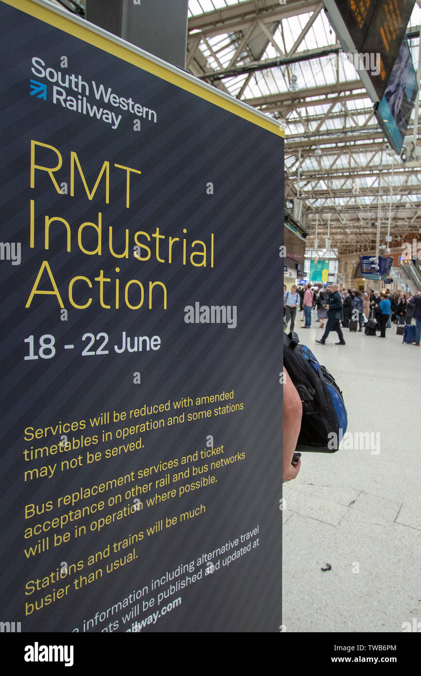 A notice advising travellers of the disruption seen at the railway station during the strike.Industrial action taken by the National Union of Rail, Maritime and Transport Workers (RMT) scheduled over five days has affected passengers travelling from Waterloo via South Western Railway (SWR) services to Ascot, where Britain's most prestigious horseracing meeting, Royal Ascot begun on Tuesday. Passengers are advised to allow additional time for the journey. Stock Photo