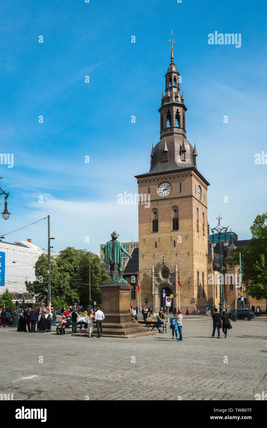 Oslo Cathedral, view of Oslo Cathedral (Domkirke) with Stortorvet square in the foreground, Norway. Stock Photo