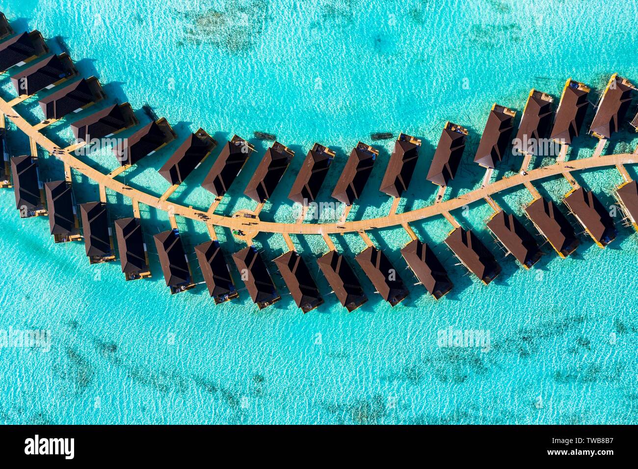 Aerial view, water bungalows in turquoise water, tourist resort, South Male Atoll, Maldives Stock Photo