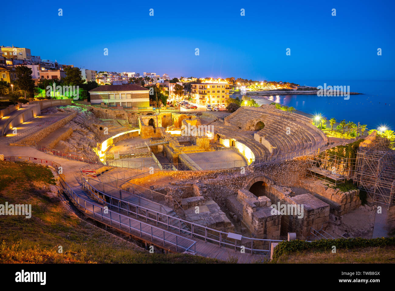 Amphitheater of Tarragona roman ruins at sunset in Catalonia Spain Stock Photo