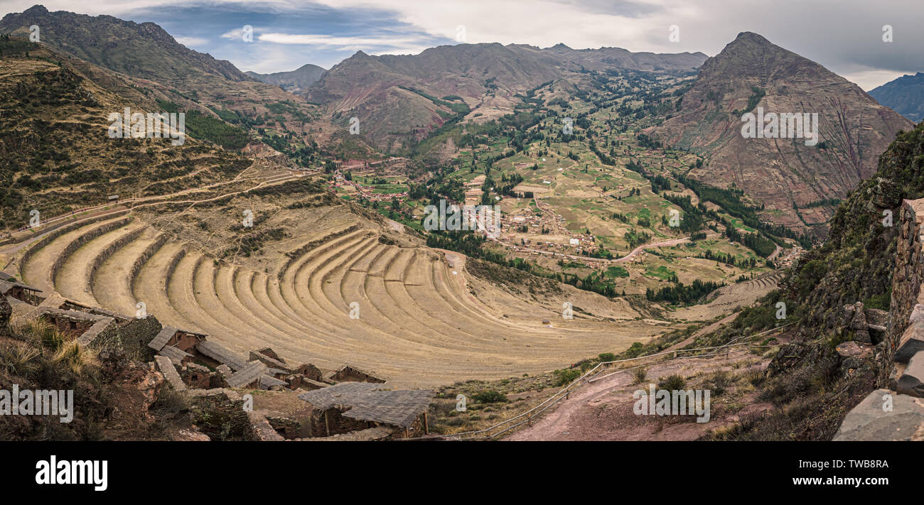 View from the Inca ruins of Pisac in Peru. Inca cultivation terraces. Stock Photo