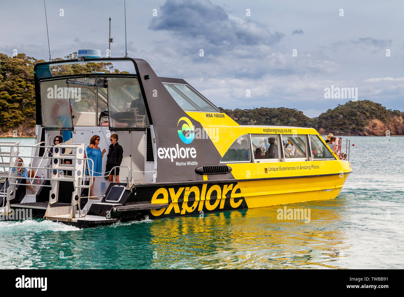 Explore Boat, Otehei Bay, The Bay Of Islands, North Island, New Zealand Stock Photo