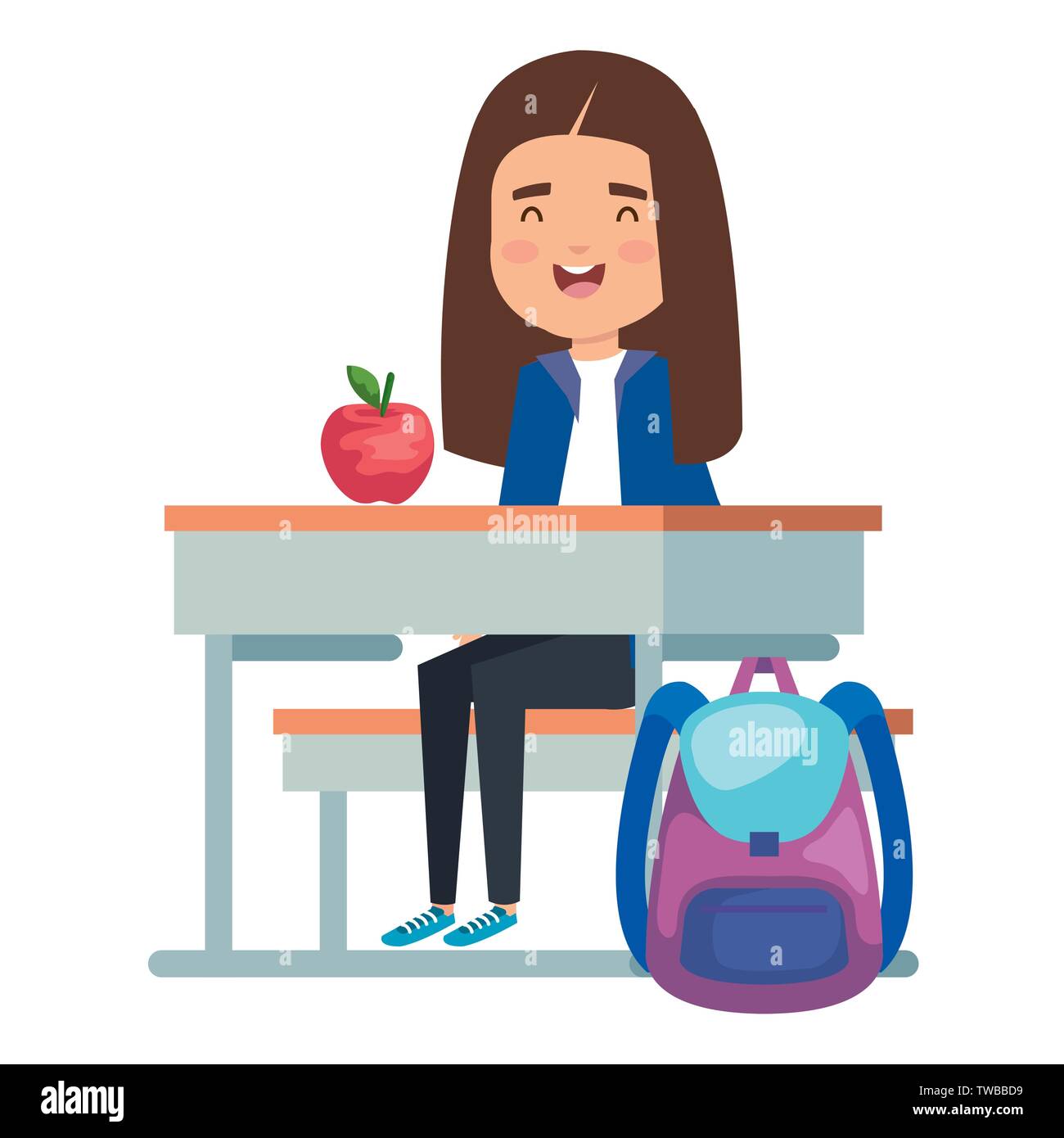 student girl seated in school desk with apple and bag Stock Vector ...