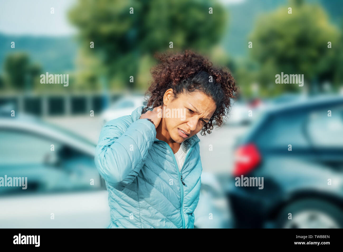 Painful whiplash after fender bender car crash Stock Photo Alamy