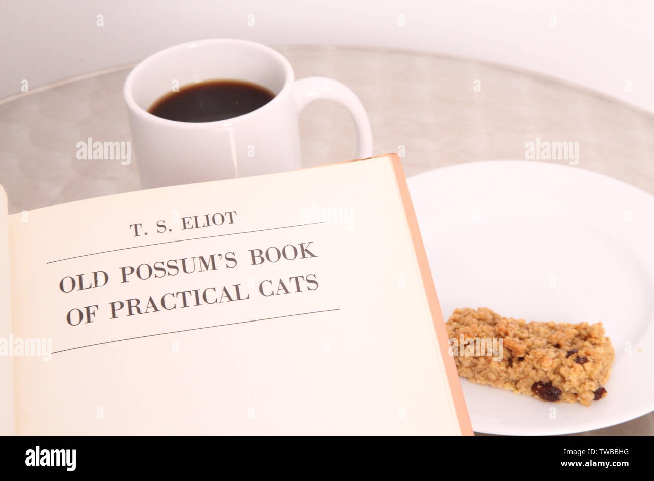 Old Possums Book of Practical Cats - A book of poems by T.S. Eliot, being read with a cup of coffee and snack on a silver bistro table Stock Photo