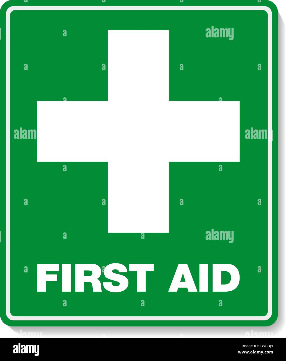 green FIRST AID sign with text and cross symbol Stock Vector