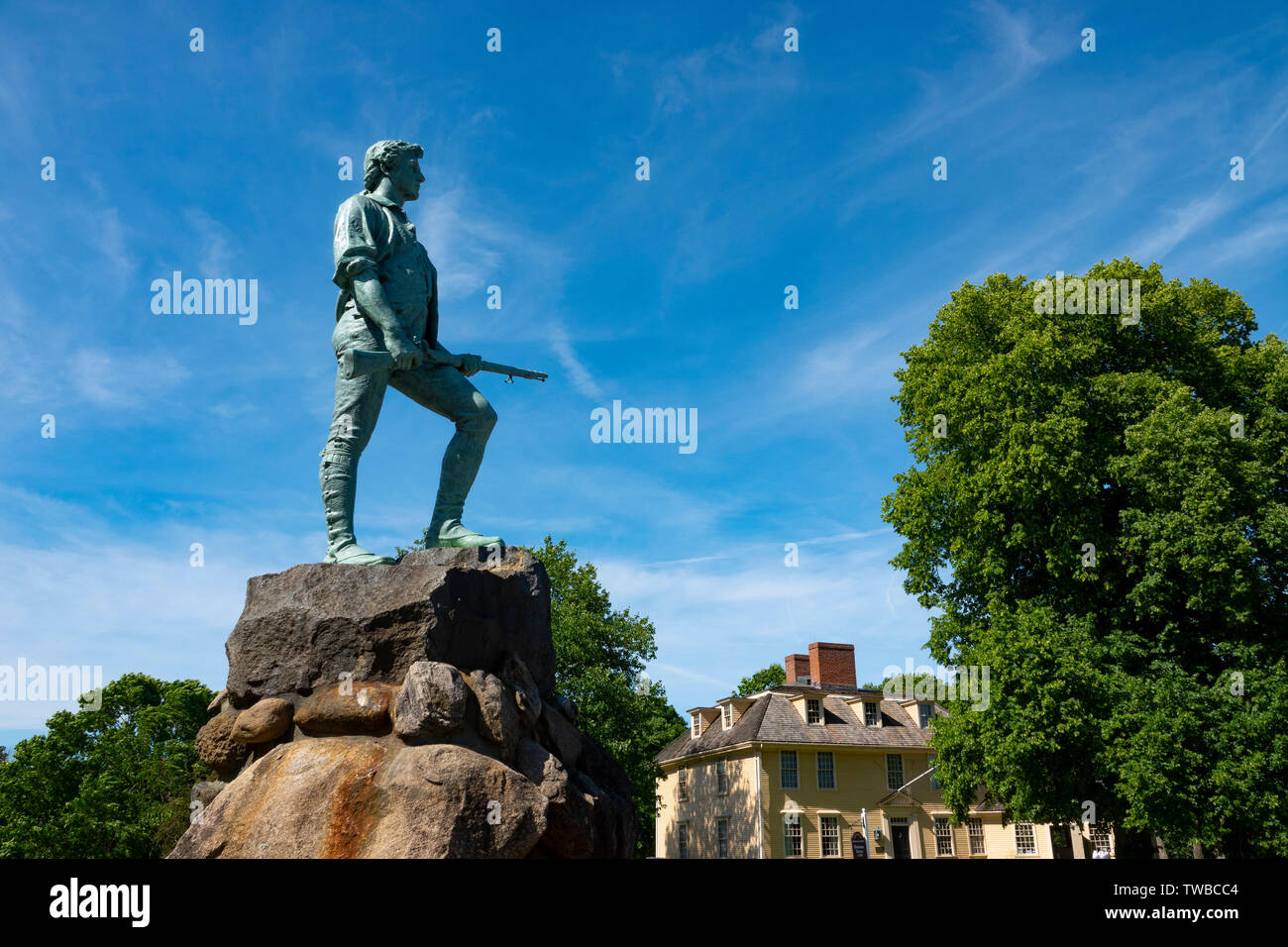 USA Massachusetts MA  Lexington Minuteman Statue also called Captain John Parker Statue and the Buckman Tavern Stock Photo