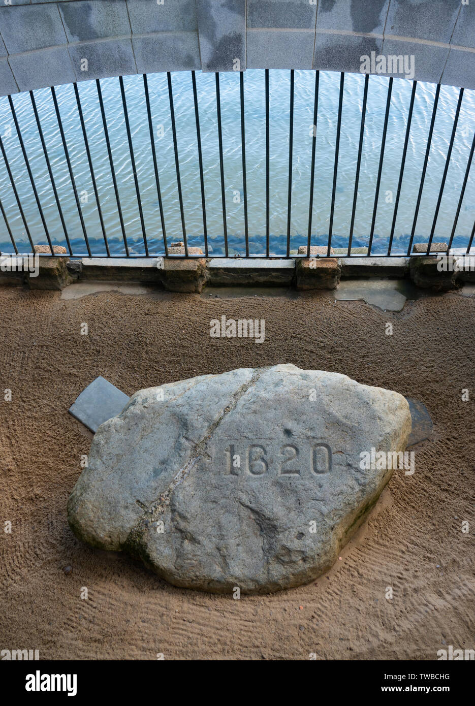 USA MA Massachusetts Plymouth Plimouth Plymouth Rock on the shores of Plymouth Bay where the Pilgrims were said to have first landed Stock Photo