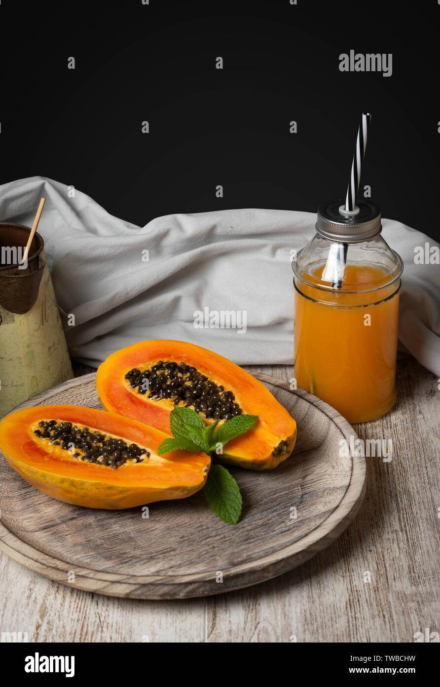 Papaya fruit and papaya juice Stock Photo