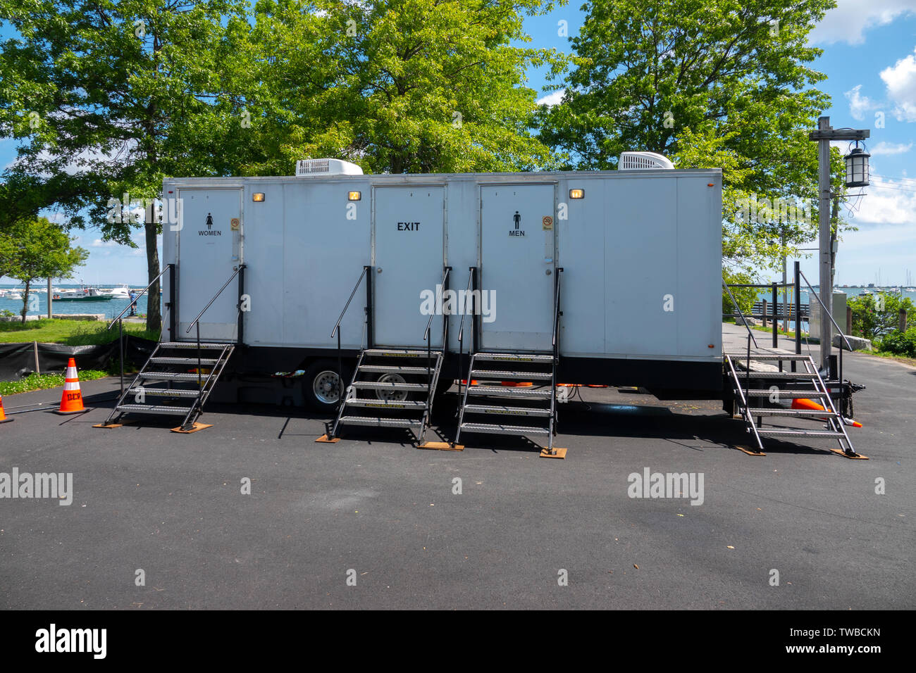 Portable luxury bathrooms in a public space washrooms WC toilets Stock Photo