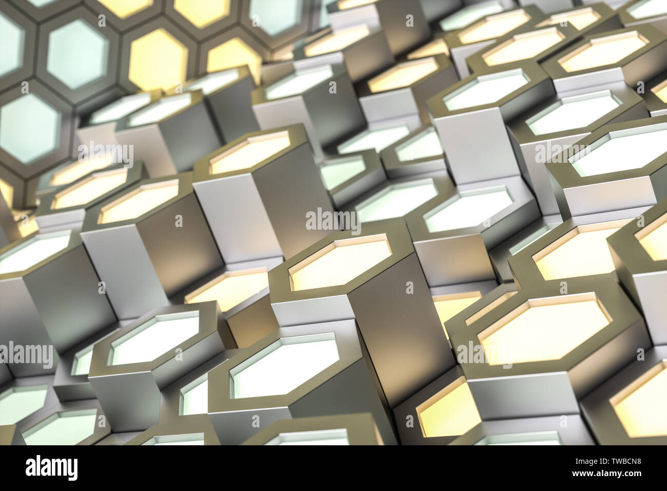 Golden hexagonal metallic background, three-dimensional rendering Stock Photo