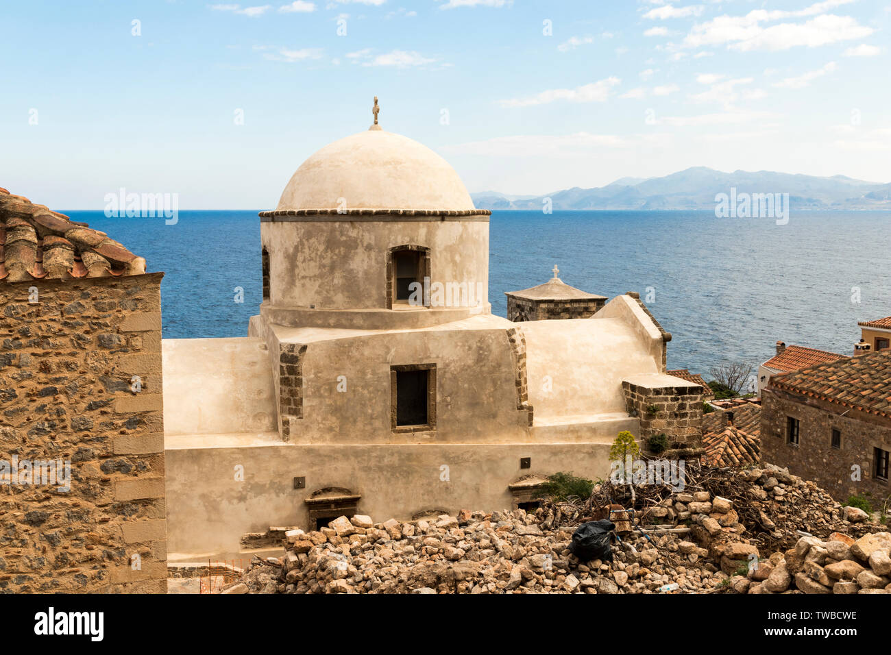 Monemvasia, Greece. A church dome in the Old Town of Monemvasia with the sea in the background Stock Photo