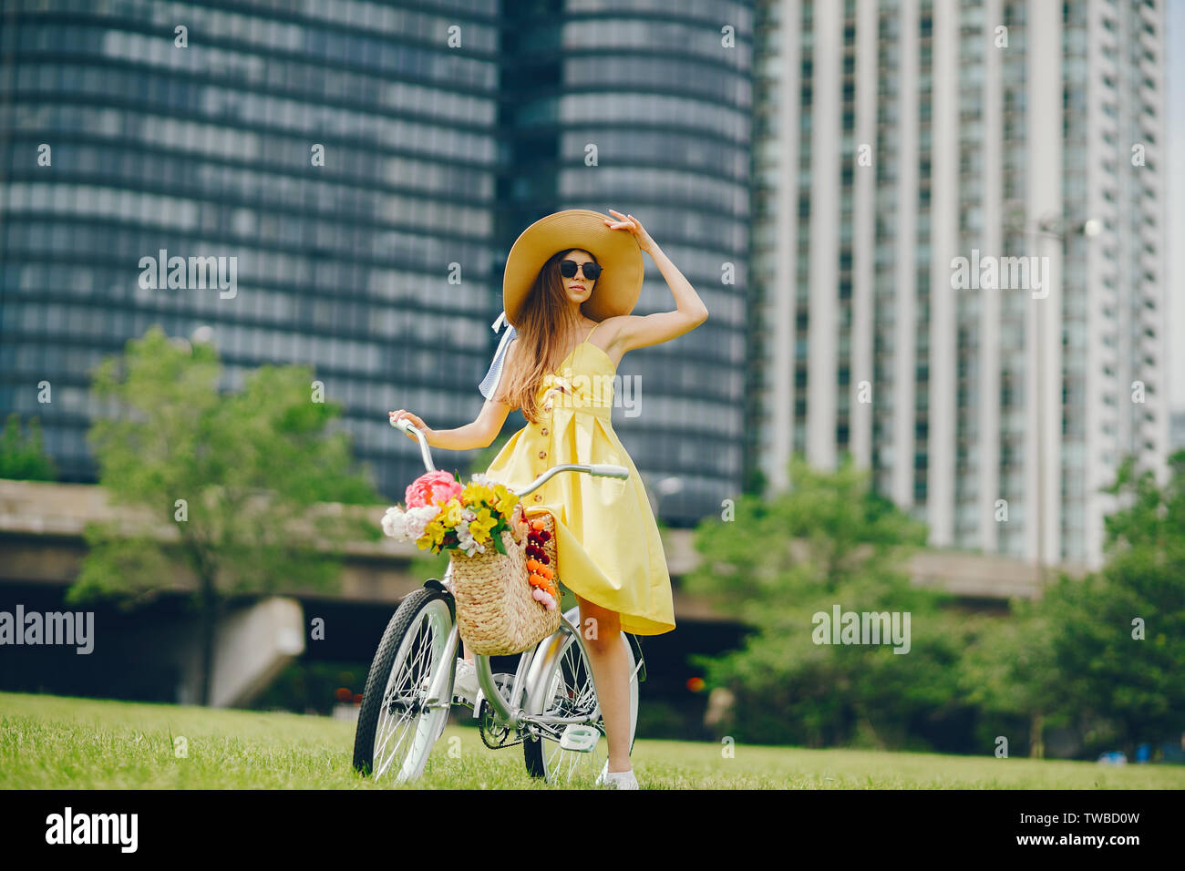 pretty girl with bicycle Stock Photo