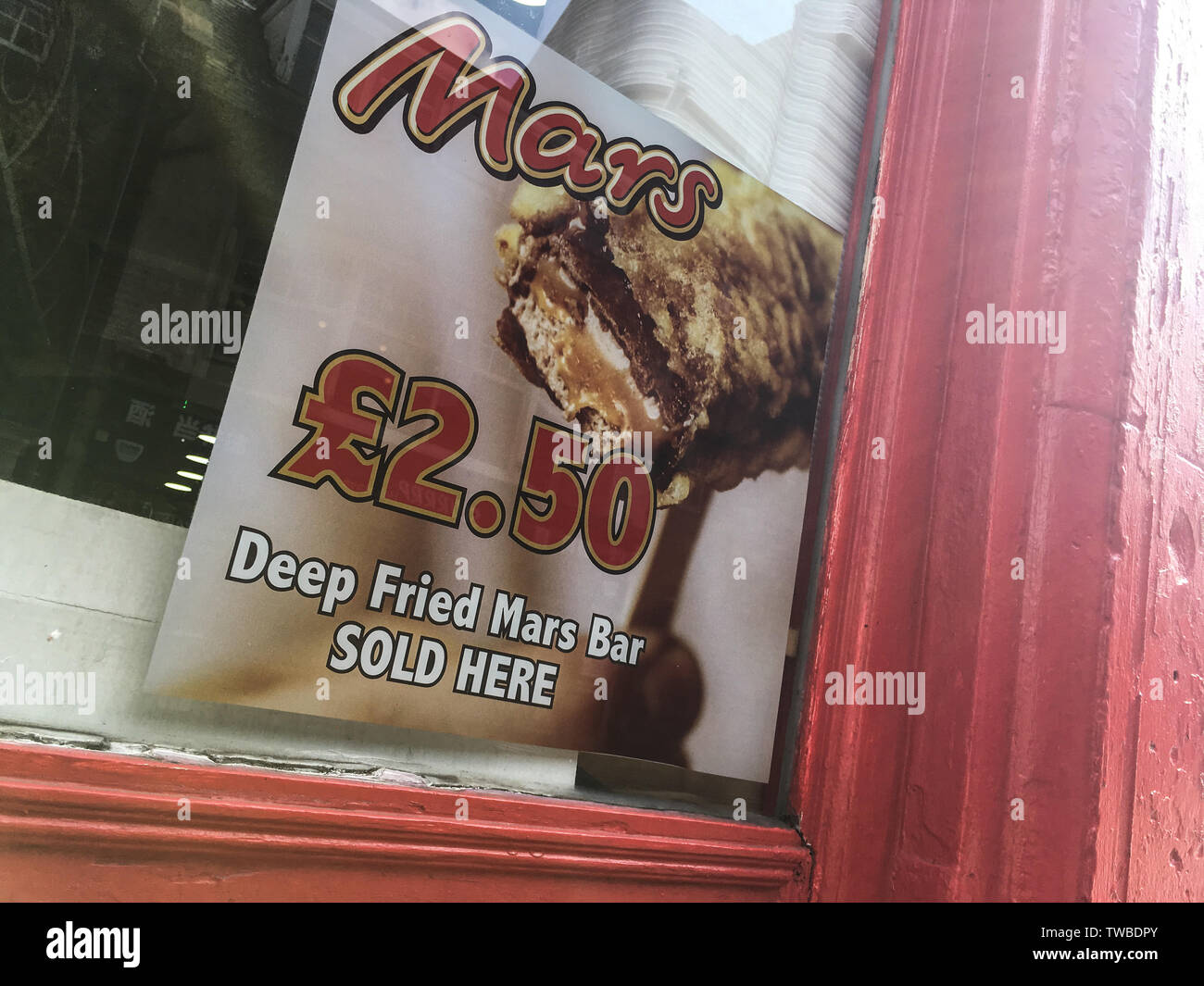 Deep fried Mars bar sign, in Edinburgh, Scotland, on 5 April 2019 Stock Photo Alamy