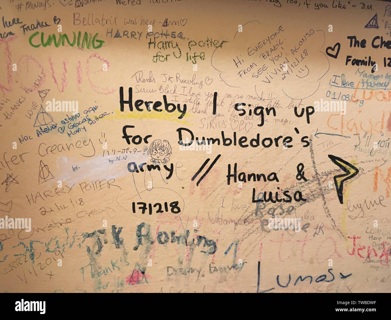 Harry Potter graffiti in The Elephant House cafe, in Edinburgh, Scotland, on 5 April 2019. Stock Photo