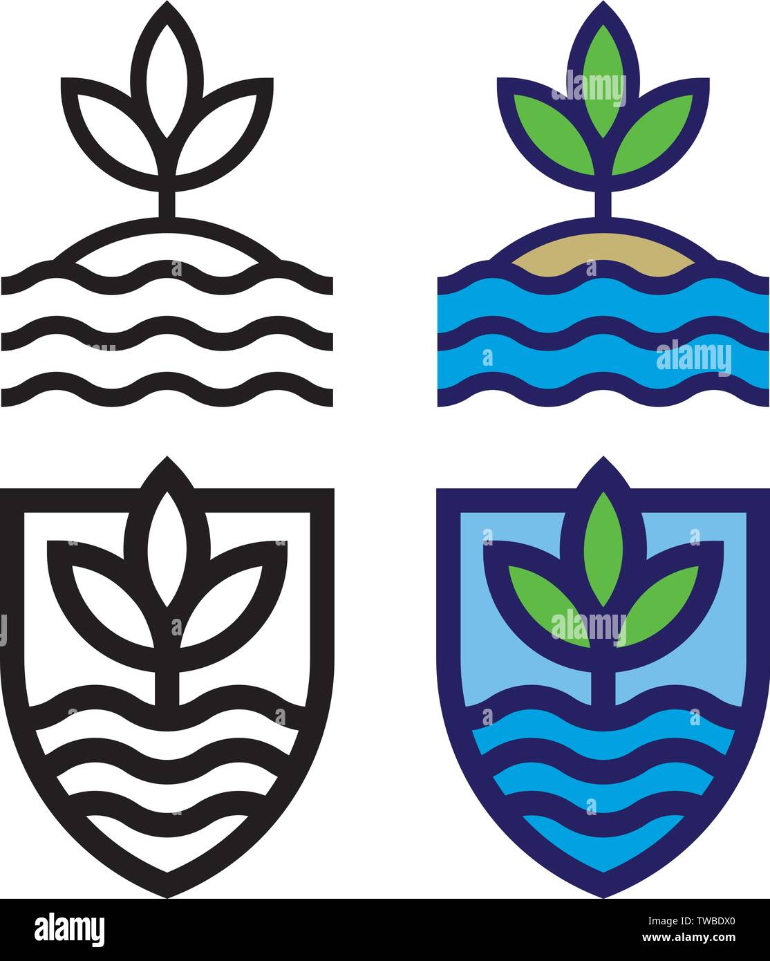 Set of land, sea and sky mono-line emblems. Bold outline, flat design graphics showing waves, leaves and sky. isolated and shield shape versions. Stock Vector